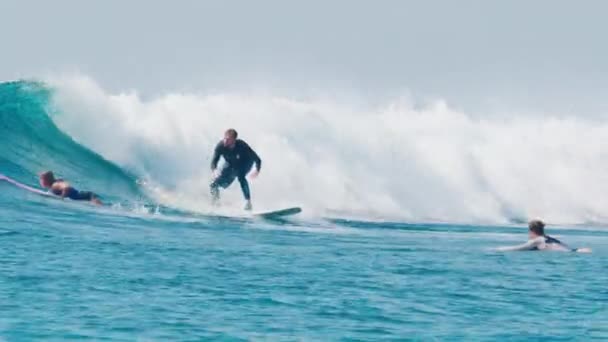 Surfista Masculino Principiante Con Confianza Despega Surfea Ola Las Maldivas — Vídeos de Stock