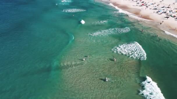 穏やかな波とそれにリラックスした人々と砂のビーチと海の空中ビュー ブラジルのサンタカタリナ島のカンペチェビーチ — ストック動画
