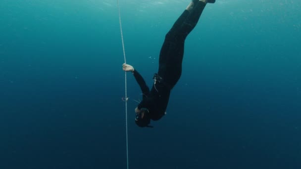 Pria Freediver Kereta Api Jatuh Bebas Sepanjang Tali Dan Turun — Stok Video