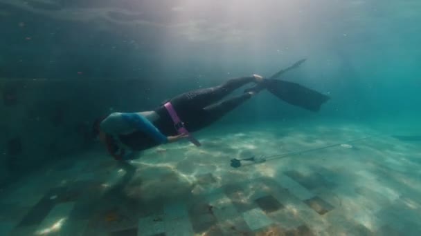 Freediver Traint Het Zwembad Vrouw Freediver Werkt Het Zwembad — Stockvideo