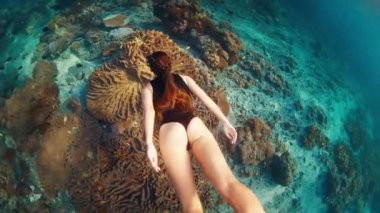 Seksi kadın serbest dalış yapıyor. Endonezya 'nın Bali kentindeki Nusa Penida adası yakınlarındaki sağlıklı mercan resifleri üzerinde su altında yüzen sağlıklı genç dişi serbest dalgıç görülüyor.