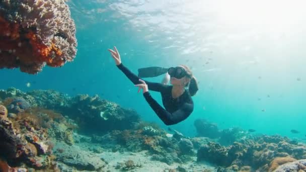 Woman Freediver Enjoys Swimming Reef Young Female Freediver Swims Underwater — Stock Video