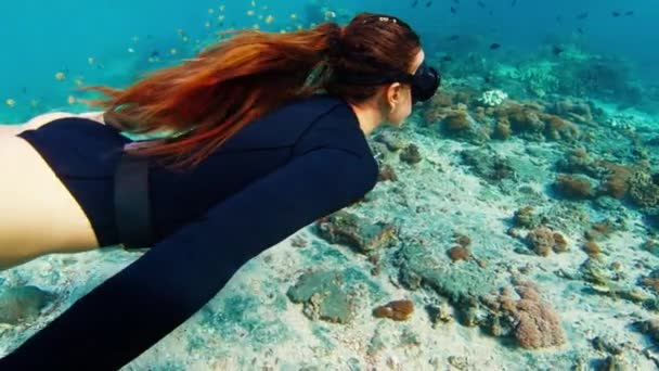 Mujer Libre Arrecife Joven Liberta Nadando Bajo Agua Explora Saludable — Vídeos de Stock