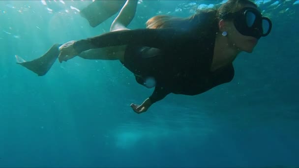 Kadın Serbest Dalgıç Resifte Yüzmeyi Sever Genç Kadın Serbest Dalgıç — Stok video