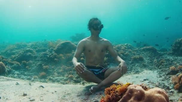 Mannelijke Vrijduiker Mediteert Onder Water Aziatisch Man Freediver Zit Bodem — Stockvideo