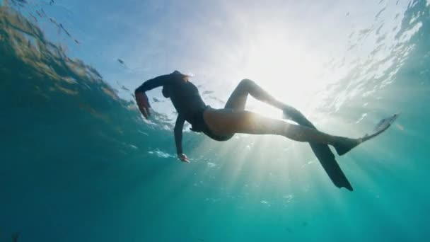 Жінка Звільнилася Молода Жінка Вільно Плаває Під Водою Насолоджується Перебуванням — стокове відео