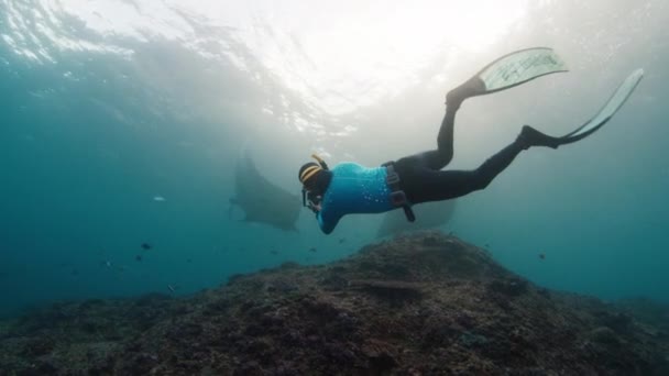 Fotógrafo Submarino Toma Fotos Manta Ray Freediver Con Películas Cámara — Vídeos de Stock