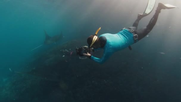 水中写真家はマンタレイで泳ぐモデルの写真を撮ります カメラフィルム付きフリーダイバー 巨大な海マンタレイ サンゴの上を泳いでいます Nusa Penida インドネシア — ストック動画