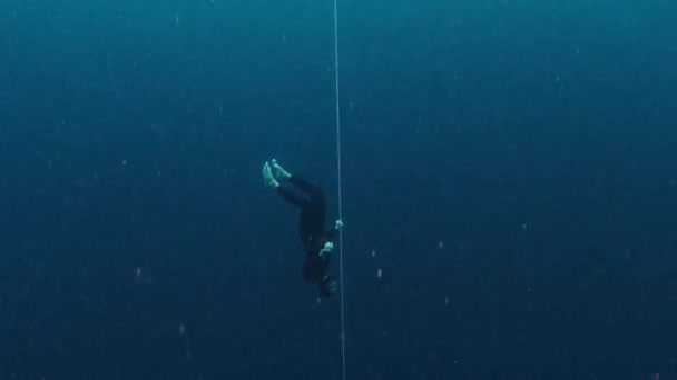 Mężczyzna Freediver Schodzi Linie Podczas Treningu Freedive Otwartym Morzu Swobodnie — Wideo stockowe