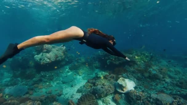 女性はサンゴ礁で解放された 若い女性が水中を泳ぎ インドネシアのバリ島ヌサペニダ島で健康的なサンゴ礁を探検します — ストック動画