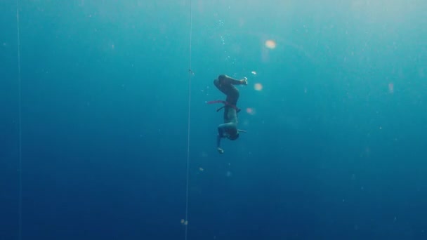 Plongeuse Apnée Descend Long Corde Sans Aucune Discipline Ailerons Pendant — Video