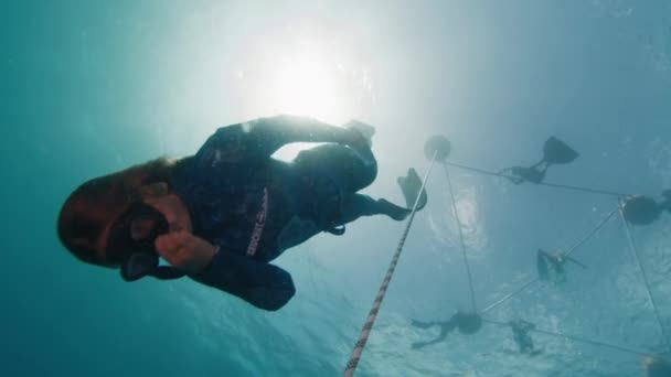 Bali Indonesien Juli 2023 Freitaucherin Schwimmt Beim Freitauchtraining Seil Entlang — Stockvideo