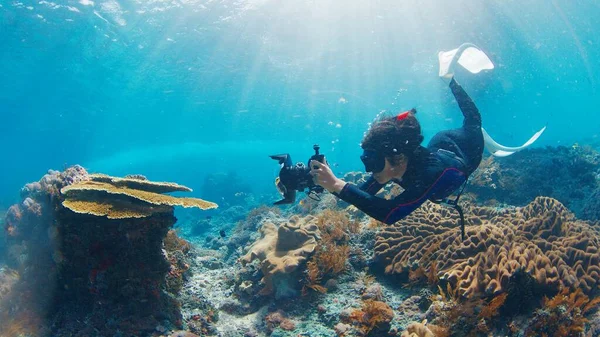 Undervandsfotografen Tager Billeder Det Sunde Koralrev Fridykker Med Kamera Svømmer - Stock-foto