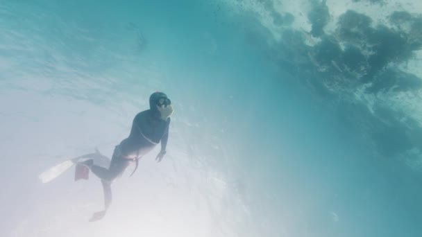 Чоловічий Фрідайвер Спускається Глибину Тропічному Морі Над Кораловим Рифом — стокове відео