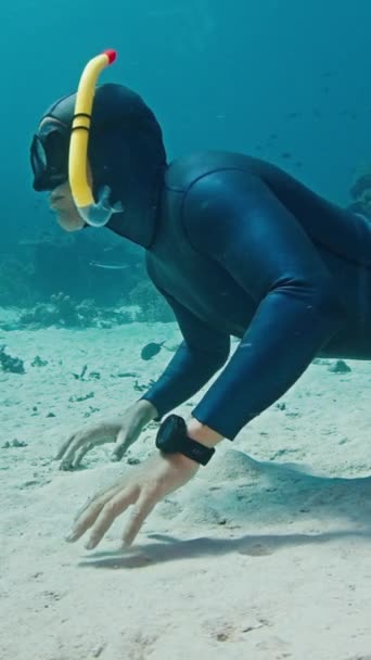 Male Freediver Glides Tropical Sea Sandy Bottom — Stock Video