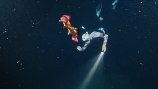 Kobieta Freediver Pływa Pod Wodą Pochodnią Nocy Napotyka Hiszpański Dancer — Wideo stockowe