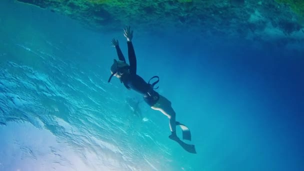 Vrouwelijke Freediver Zwemt Onder Water Verkent Levendig Gezond Koraalrif Komodo — Stockvideo