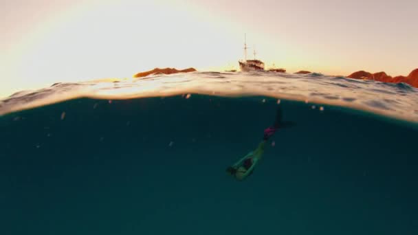 Жінка Вільно Плаває Під Водою Тропічному Морі Заході Сонця Розділеному — стокове відео