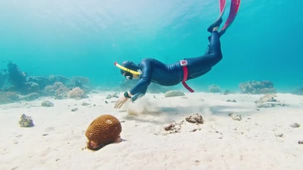 Mannelijke Vrijduiker Glijdt Tropische Zee Zandbodem Speelt Met Zand — Stockvideo