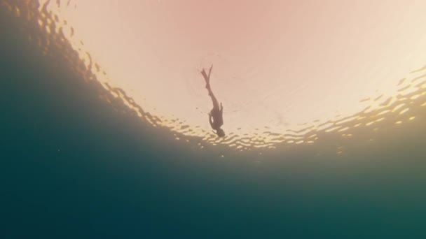 Freitaucherin Taucht Und Schwimmt Bei Sonnenuntergang Unter Wasser — Stockvideo