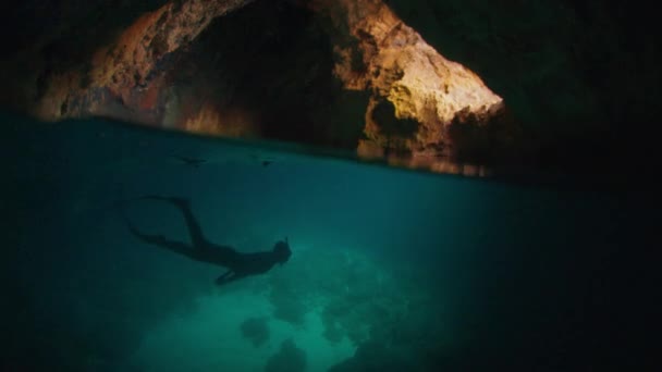 Freediver Berenang Bawah Air Dalam Gua Dengan Kelelawar Terbang — Stok Video