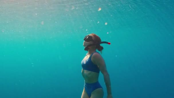 Young Fit Woman Swims Underwater Breath Hold Sexy Woman Freediver — Stock Video