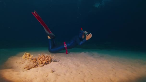 Freediver Plave Noci Pod Vodou Nad Písčitým Dnem — Stock video