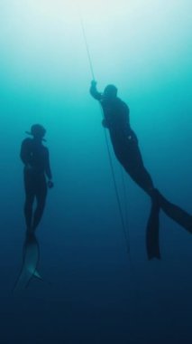 Erkek serbest dalgıç serbest dalış sırasında halat boyunca yükseliyor güvenlik arkadaşıyla açık denizde çalışıyor.
