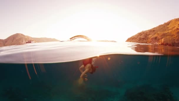 女性は日没時にインドネシアのコモド国立公園の水中世界を探索するために水中ダイバーを解放しました — ストック動画