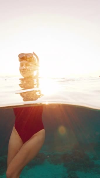 Retrato Mujer Libre Nadando Mar Atardecer Mujer Joven Traje Rosa — Vídeo de stock