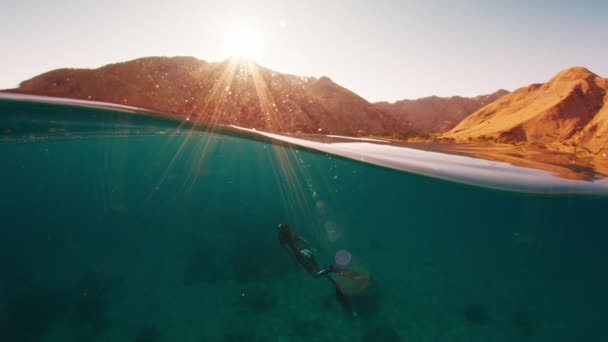 男のシネマグラフは 日の出に落ち着いた熱帯海で水中を泳いでいます 海面の冷凍フレームと水中モデルの移動 — ストック動画