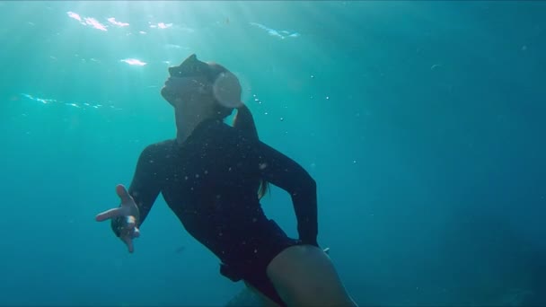 Νεαρή Γυναίκα Κολυμπάει Στον Ωκεανό Γυναίκα Ελεύθερος Δύτης Γλιστράει Κάτω — Αρχείο Βίντεο