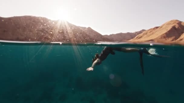 男自由选手日出时在平静的热带海中游泳 自由潜水者在科莫多国家公园探索水下世界 — 图库视频影像