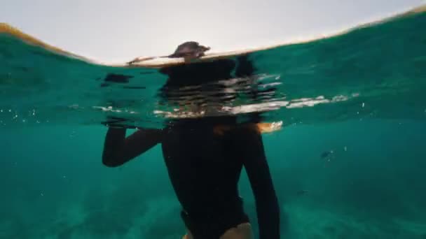 Молода Жінка Плаває Океані Портрет Щасливої Фрідайвера Масці Який Дивиться — стокове відео