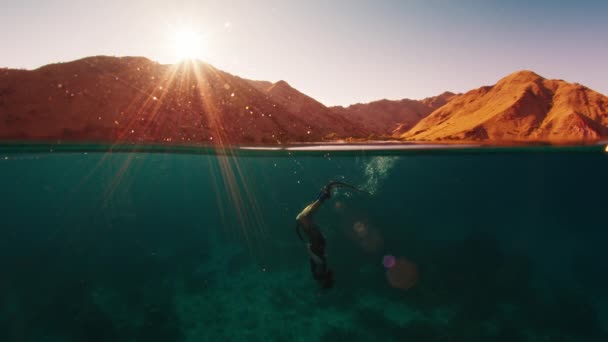 Güneş Doğarken Sakin Tropikal Denizde Suyun Altında Yüzen Adamın Sineması — Stok video