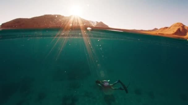 Чоловік Вільно Плаває Під Водою Спокійному Тропічному Морі Сході Сонця — стокове відео