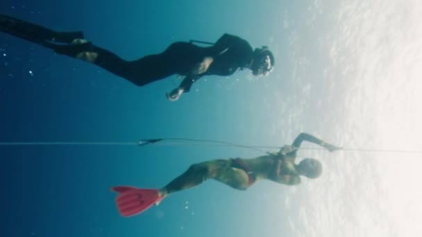 Hombres Mujeres Libres Bucean Largo Cuerda Entrenan Mar — Vídeos de Stock