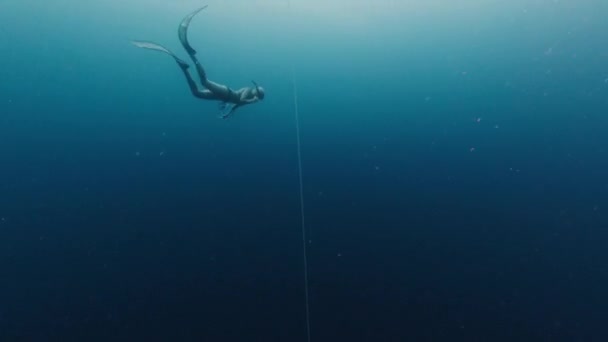 一群自由人沿着绳子跳水 在海里训练 — 图库视频影像