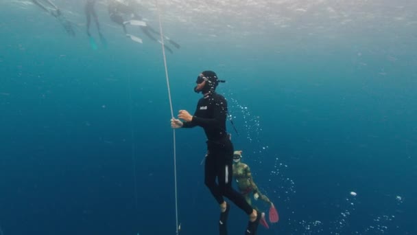 Male Freediver Trains Sea Ascends Rope His Buddy — Stock Video