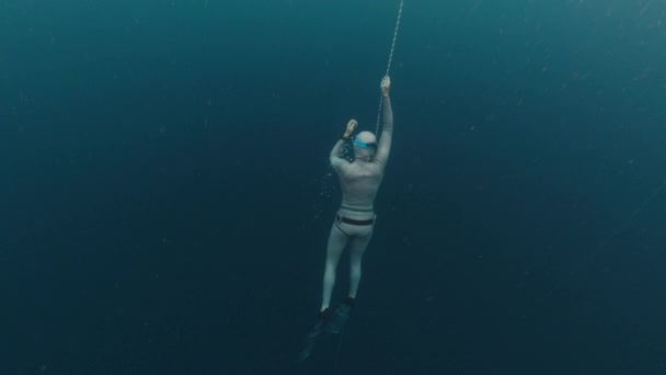 Freediving Pada Tali Perempuan Pelatihan Freediver Sepanjang Tali Laut — Stok Video