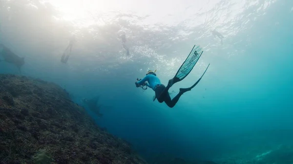 水中写真家はマンタ レイの写真を撮っている カメラフィルム付きフリーダイバー 巨大な海マンタレイ サンゴの上を泳いでいます Nusa Penida インドネシア ストック画像