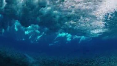 Resifin üzerinden okyanus dalgasının sualtı görüntüsü geçiyor.