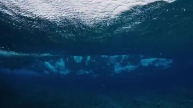 Resifin üzerinden okyanus dalgasının sualtı görüntüsü geçiyor.