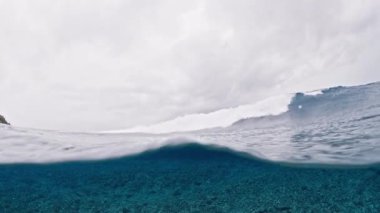 Resifin üzerinden okyanus dalgasının sualtı görüntüsü geçiyor.