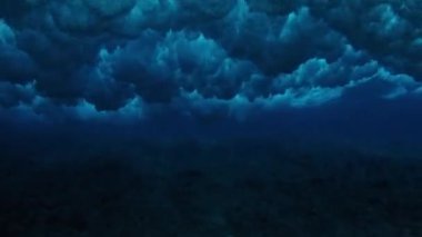 Resifin üzerinden okyanus dalgasının sualtı görüntüsü geçiyor.