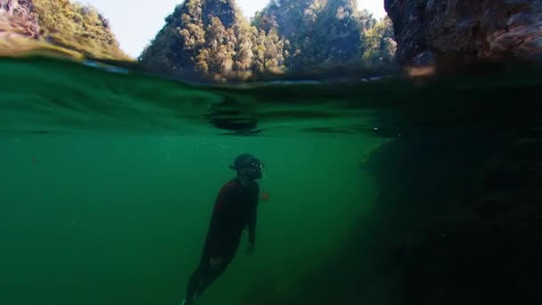 Freediver Swims Underwater Lake — Stock Video
