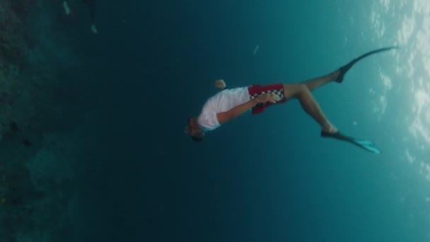 熱帯海で水中を泳ぐ男 — ストック動画