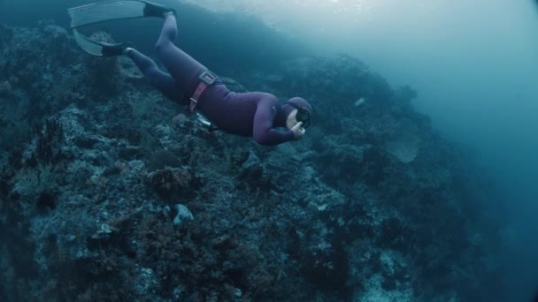 Freediver Utforskar Korallrevet Raja Ampat Indonesien Undervattensutsikt Över Mannen Fridykning — Stockvideo