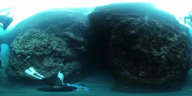 Küresel VR 360 derecelik bir açıyla mağaraya dalan ve mağaranın içinde yüzen dalgıçların görüntüsü.