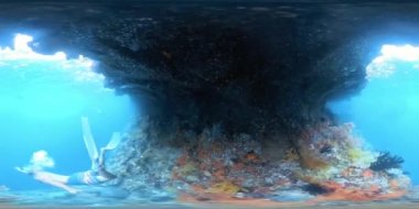 Küresel VR 360 derece mercan resifinde bir sürü balıkla yüzen adamın serbest dalış görüntüsü.